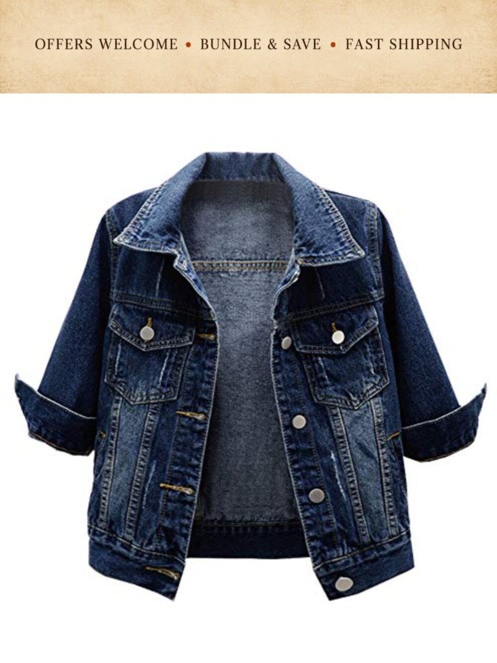 Cropped Denim Jacket 3/4 Sleeve Detachable Hood Button Front Jean Coat